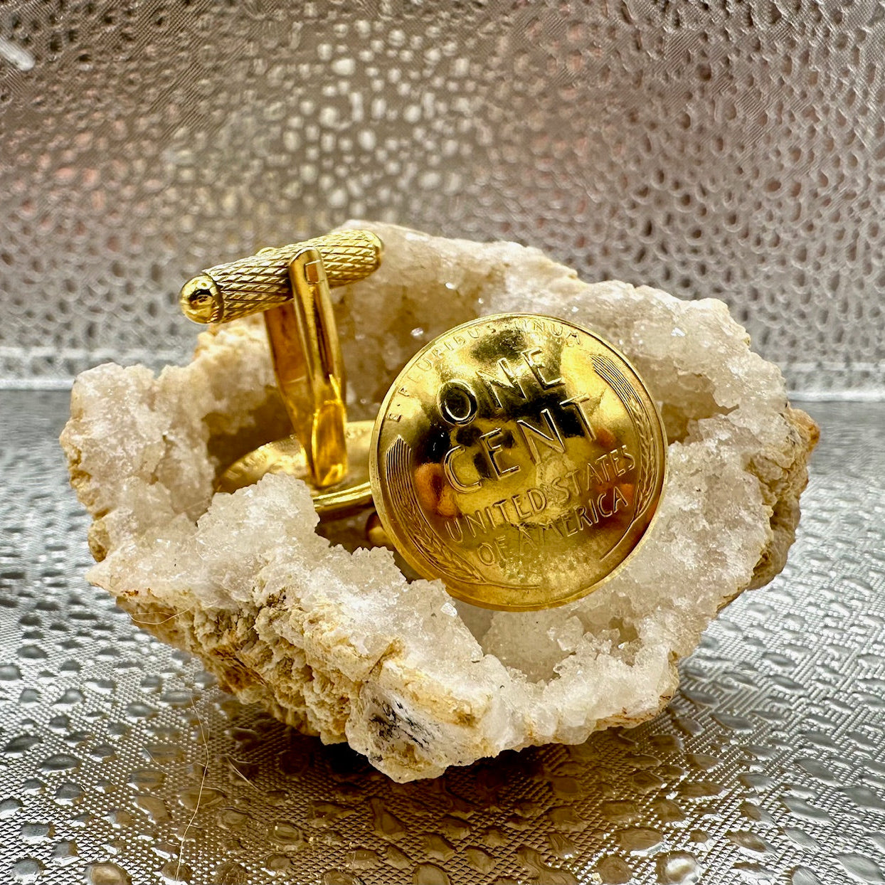 24k Gold Plate U.S. Wheat Penny Coin Cufflinks on a geode - Mountainstruck Coin Jewelry