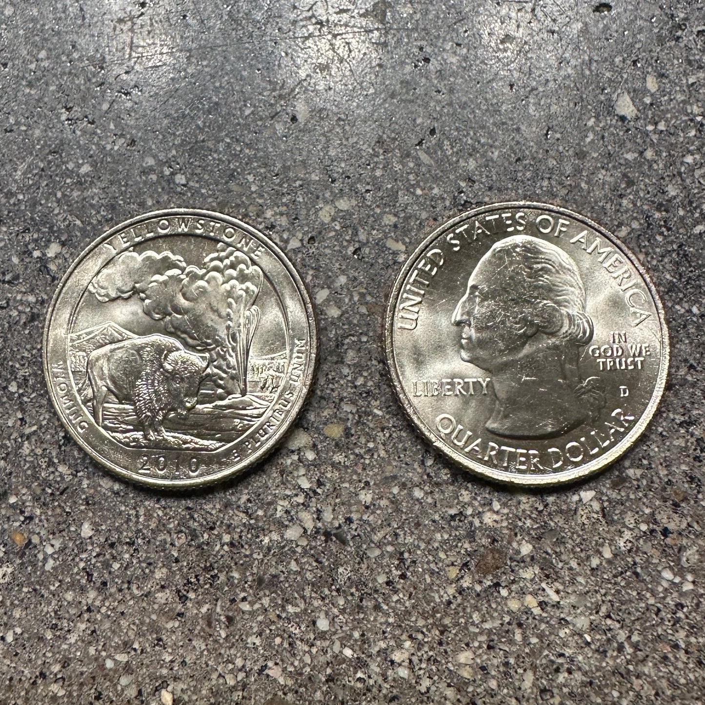 U.S. Yellowstone National Park Quarter Coin back on left side and front on right side of image on a concrete background. - Mountainstruck Coin Jewelry