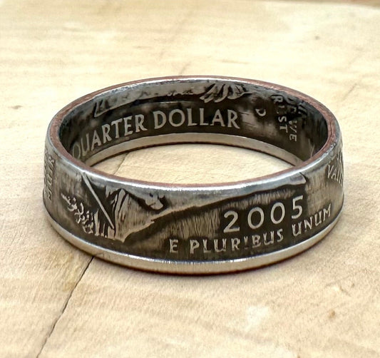 U.S. State Quarter Coin Ring featuring California on a light wood round with metal mountain background. - Mountainstruck Coin Jewelry