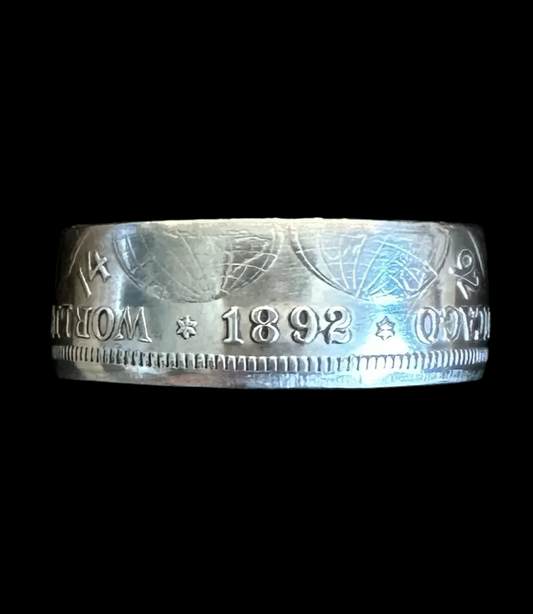 U.S. 1892-1893 Chicago Columbus Silver Half Dollar Coin Ring (shine) in a brown kraft box on a black velvet background. - Mountainstruck Coin Jewelry
