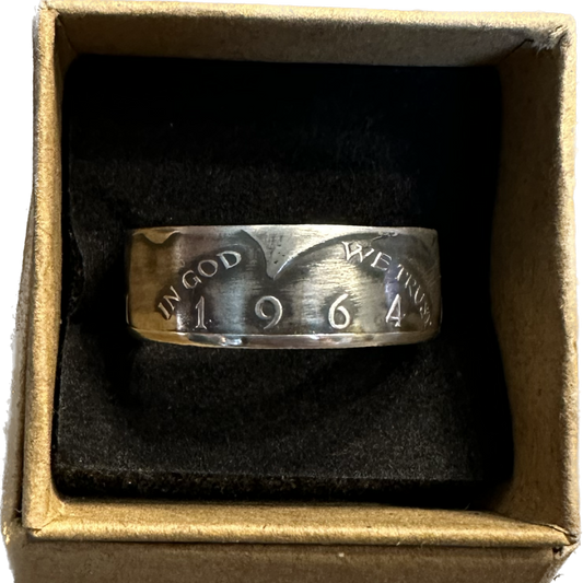 U.S. JFK 1964 Half Dollar Silver Coin Ring in a brown kraft box on a black velvet background. - Mountainstruck Coin Jewelry