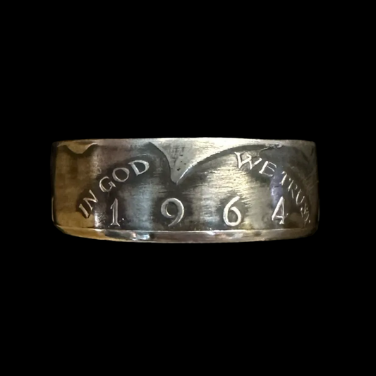 U.S. JFK 1964 Half Dollar Silver Coin Ring in a brown kraft box on a black velvet background. - Mountainstruck Coin Jewelry