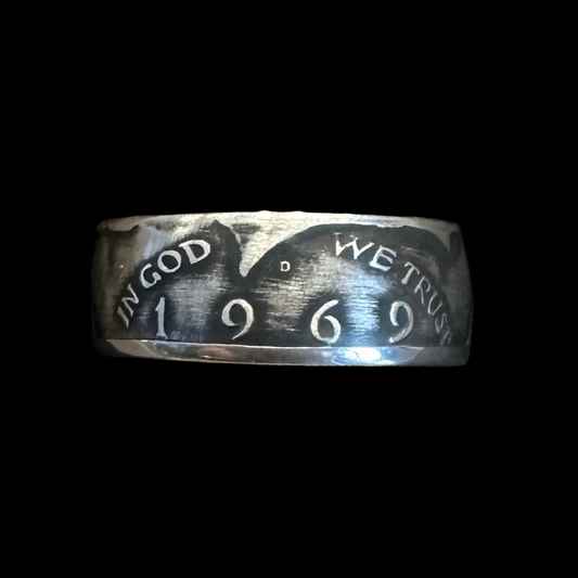 U.S. JFK Silver Half Dollar Coin Ring (front) in a brown kraft box on a black velvet background. - Mountainstruck Coin Jewelry
