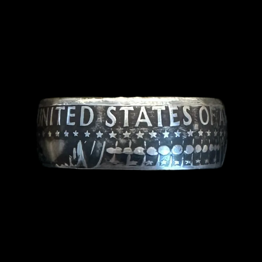 U.S. JFK Silver Half Dollar Coin Ring (reverse) in a brown kraft box on a black velvet background. - Mountainstruck Coin Jewelry