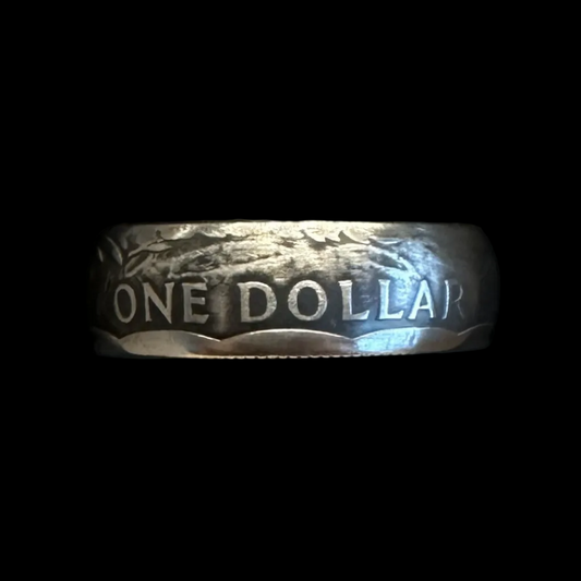 U.S. Susan B. Anthony Dollar Coin Ring in a brown kraft box on a black background. - Mountainstruck Coin Jewelry