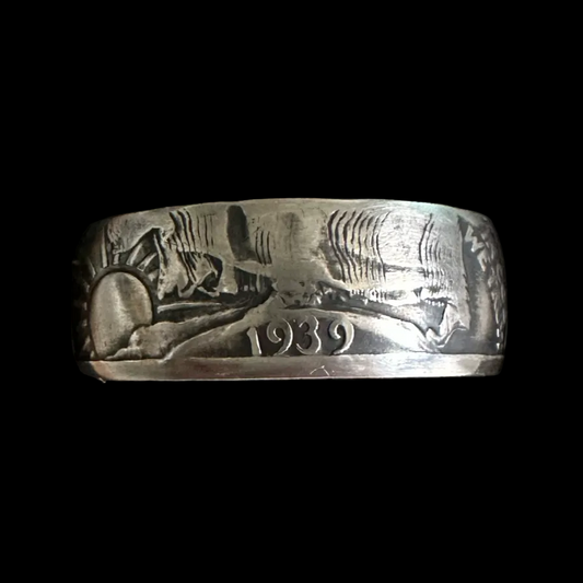U.S. Walking Liberty Silver Half Dollar Coin Ring on a black velvet background in a brown kraft box. - Mountainstruck Coin Jewelry