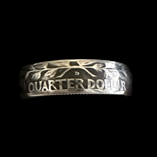 U.S. Washington Quarter Silver Coin Ring (reverse) in a brown kraft box on a black velvet background. - Mountainstruck Coin Jewelry