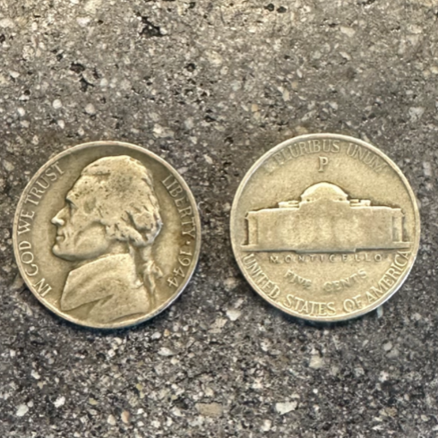 U.S. WW2 Nickel Silver Coins on a concrete background. Front side of coin on the left of the picture and back side of coin on the right. - Mountainstruck Coin Jewelry
