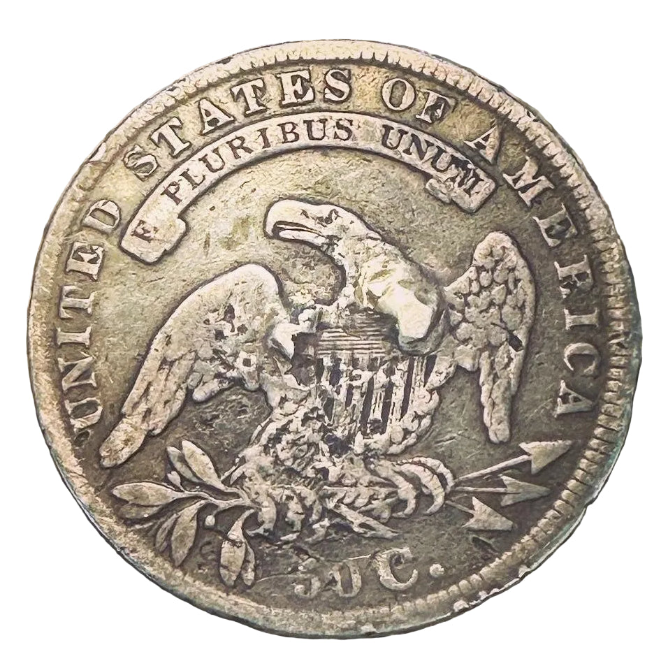 U.S. (Rare) Capped Bust Liberty Silver Half Dollar back of coin on a white background. - Mountainstruck Coin Jewelry