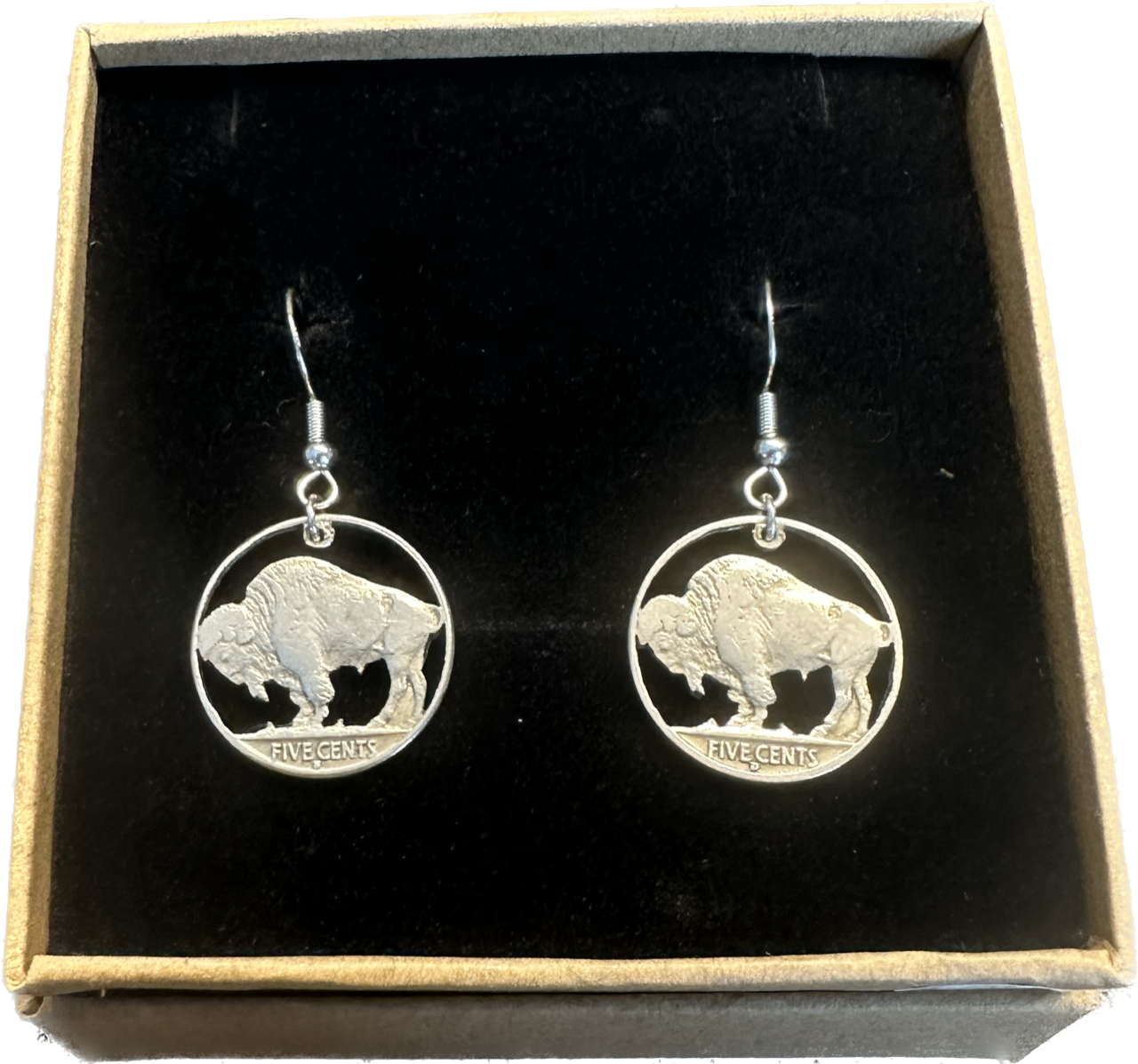 U.S. Buffalo Nickel Coin Earrings in a brown kraft box on a black velvet background.