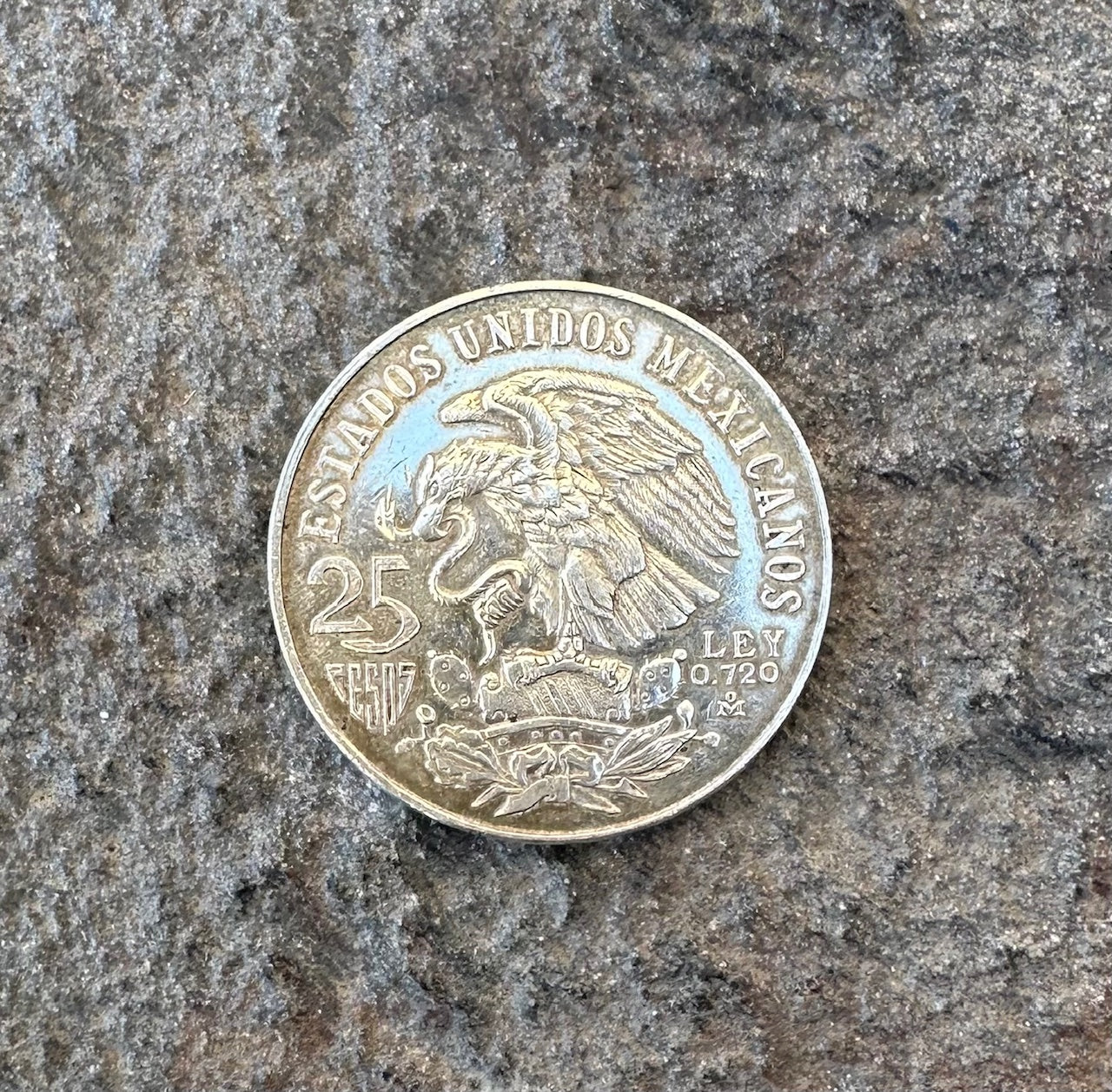 Mexico Silver 25 Pesos coin back on a grey rock surface.