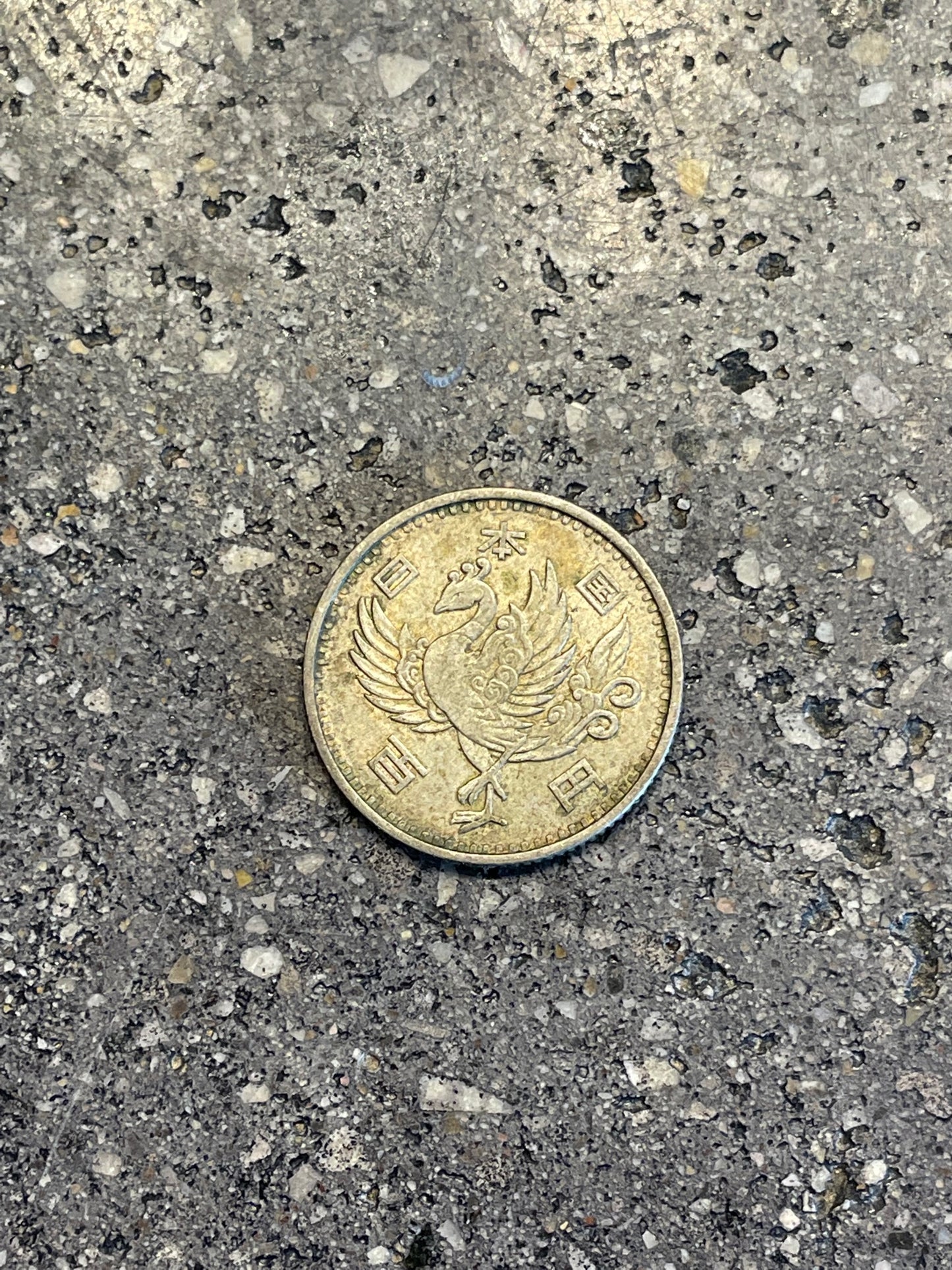 Phoenix Japan 100 Yen Silver Coin front on a concrete background.