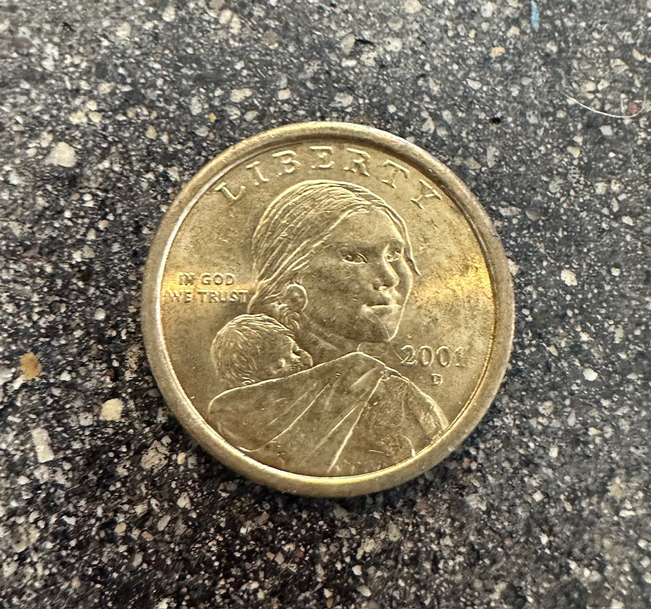 Flying Eagle Sacagawea One Dollar Coin front on a concrete background.