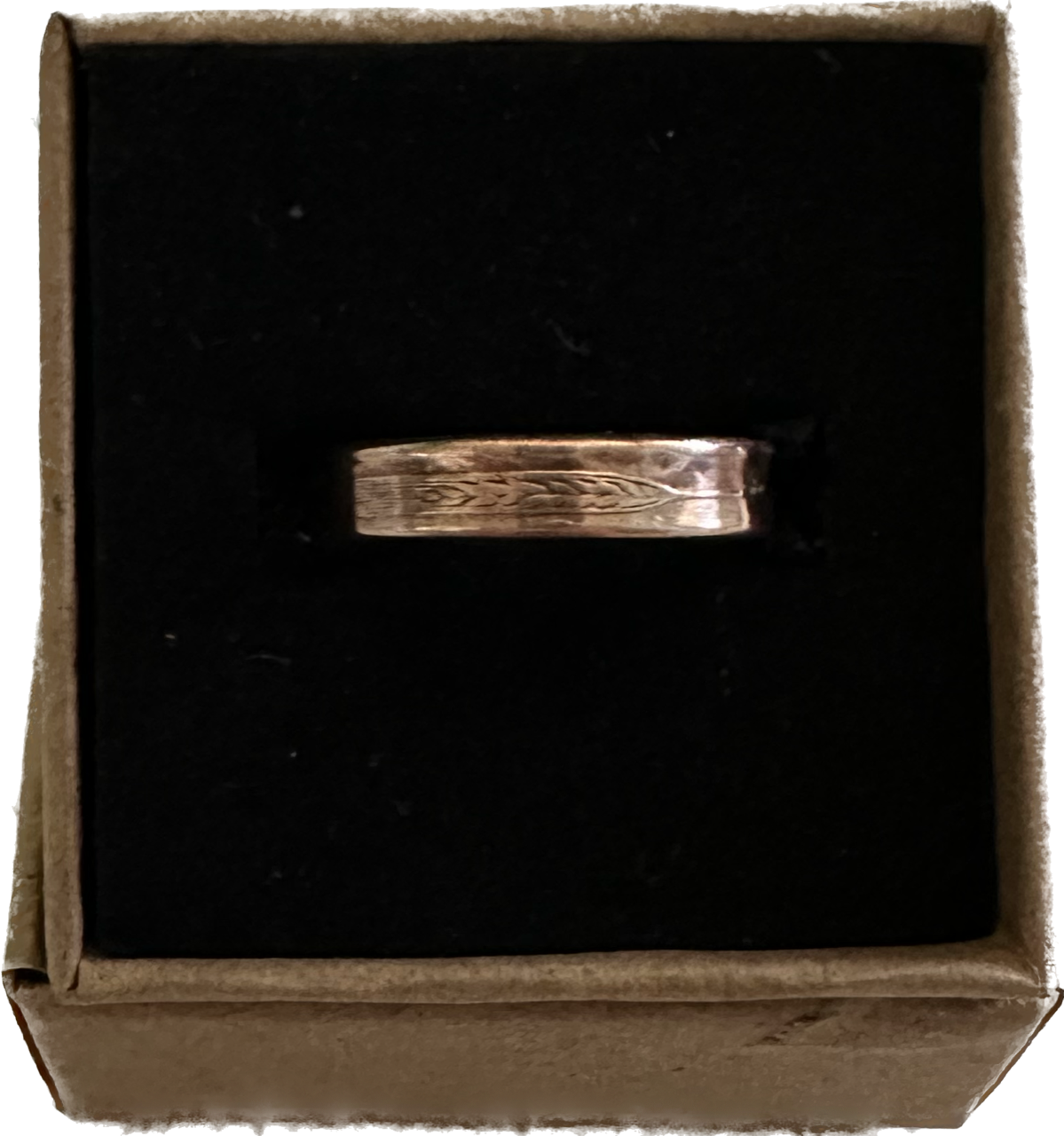 Wheat Penny Coin Ring in a brown kraft box on a black velvet background.