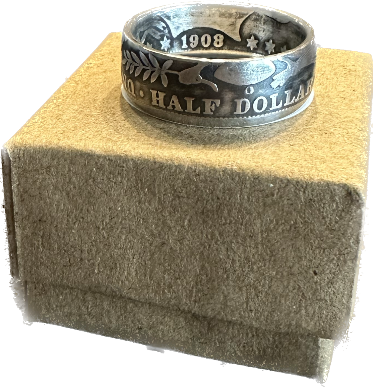 Barber Half Dollar Silver Coin Ring (reverse) on brown kraft box.