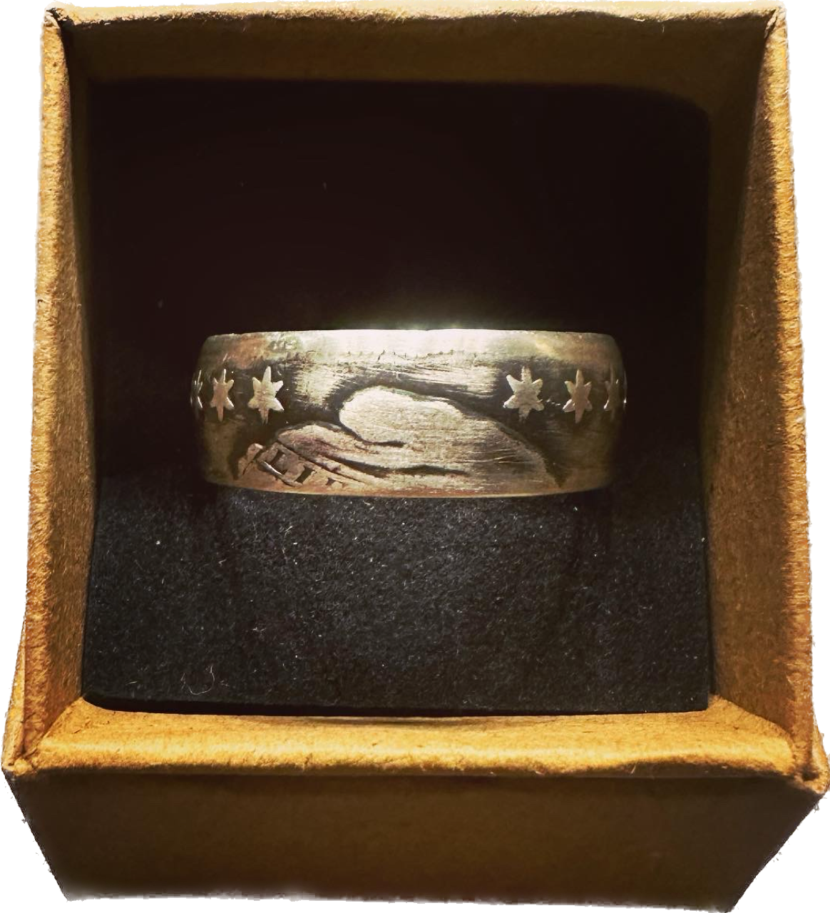 (Rare) Capped Bust Liberty Silver Half Dollar Coin Ring in brown kraft box with black velvet background.