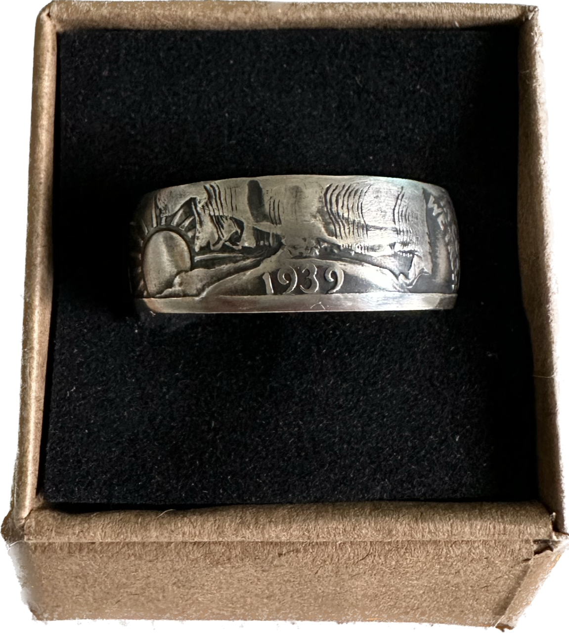 Walking Liberty Silver Half Dollar Coin Ring on a brown kraft box.