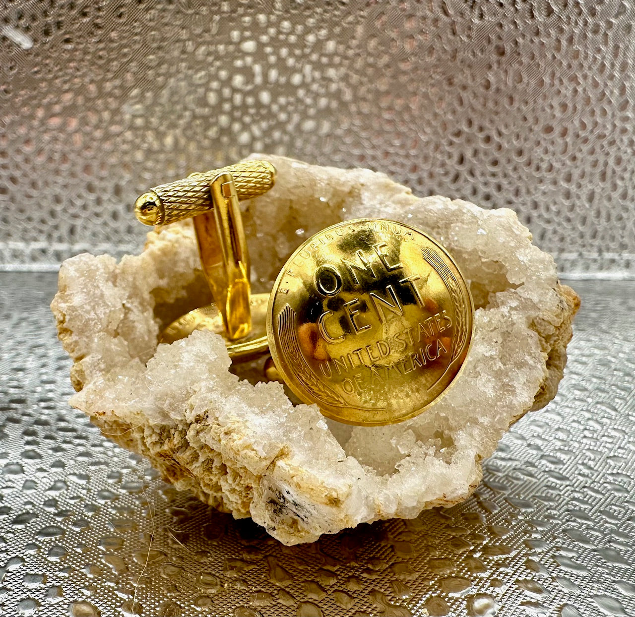 24k Gold Plate U.S. Wheat Penny Coin Cufflinks on a geode - Mountainstruck Coin Jewelry