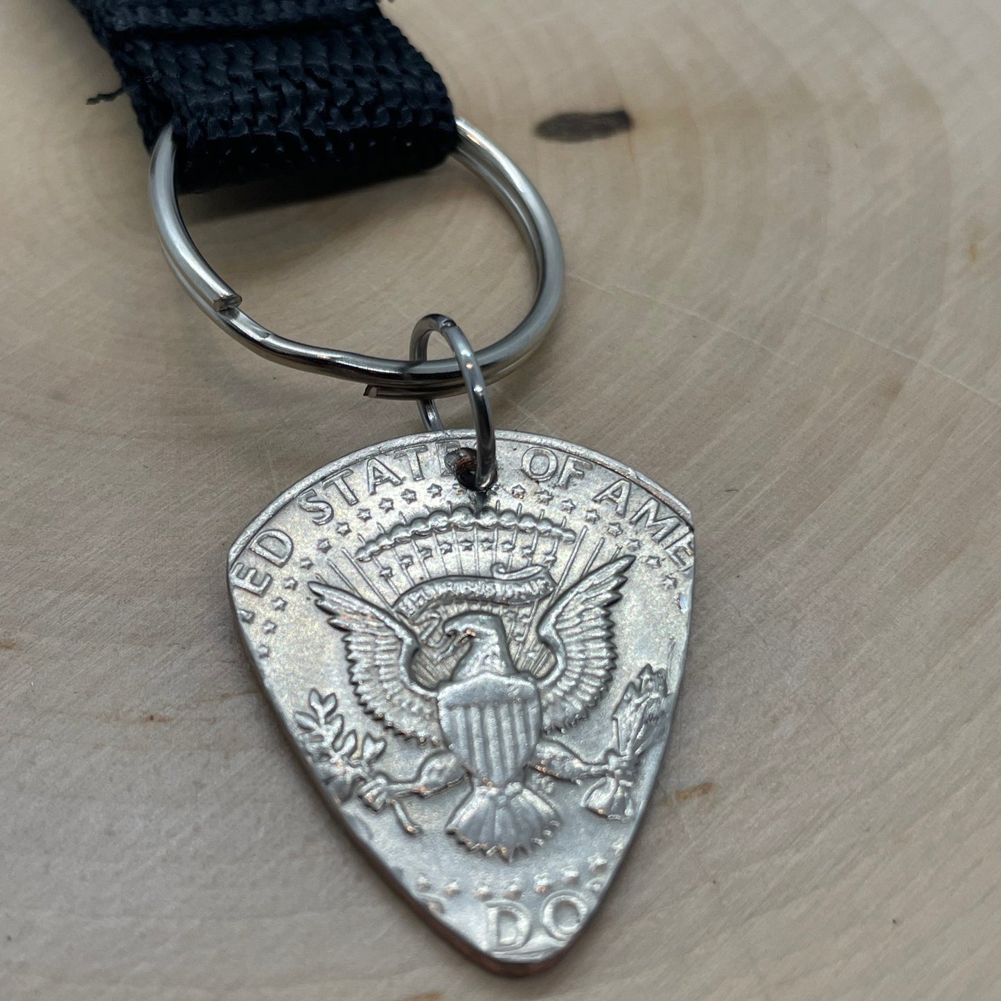 Guitar Pick U.S. Half Dollar Keychain with a black strap - Mountainstruck Coin Jewelry