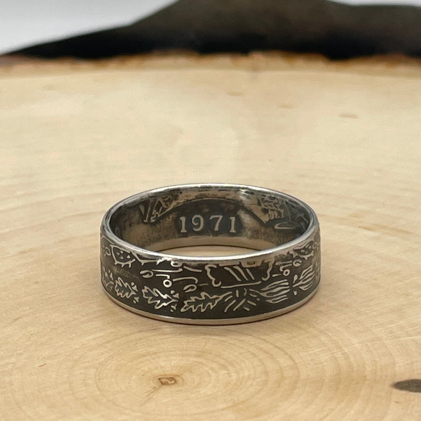 Mexico Peso Coin Ring on a light wood round. - Mountainstruck Coin Jewelry