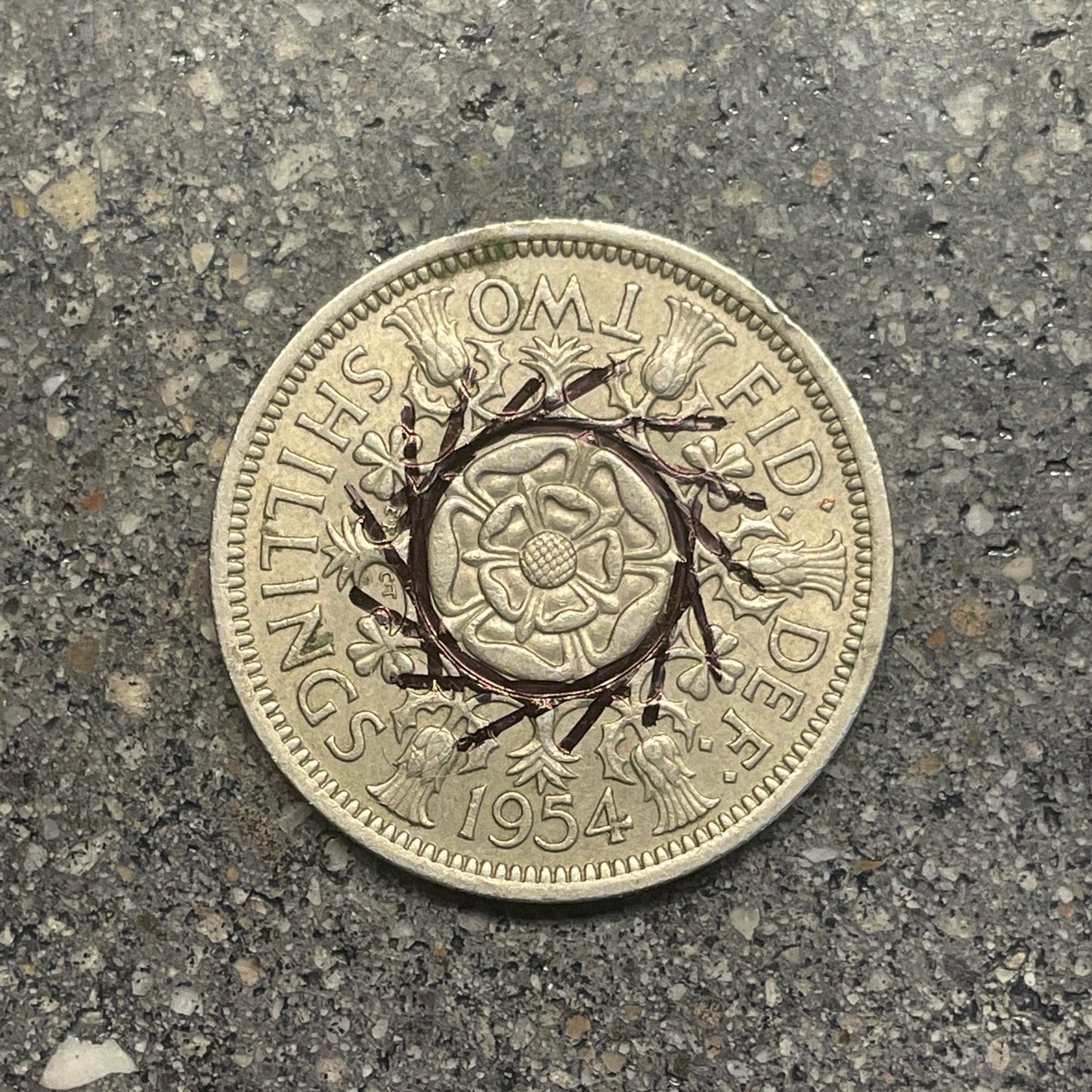 UK Two Shillings Coin back on a concrete background. - Mountainstruck Coin Jewelry