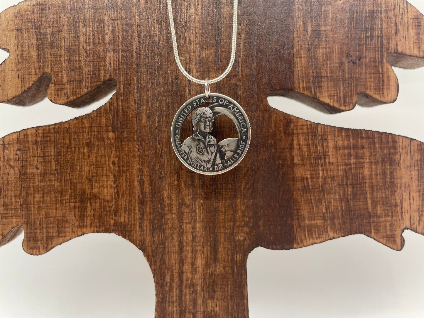 U.S. First American Woman in Space Coin Necklace with a snake chain on a wood tree background.