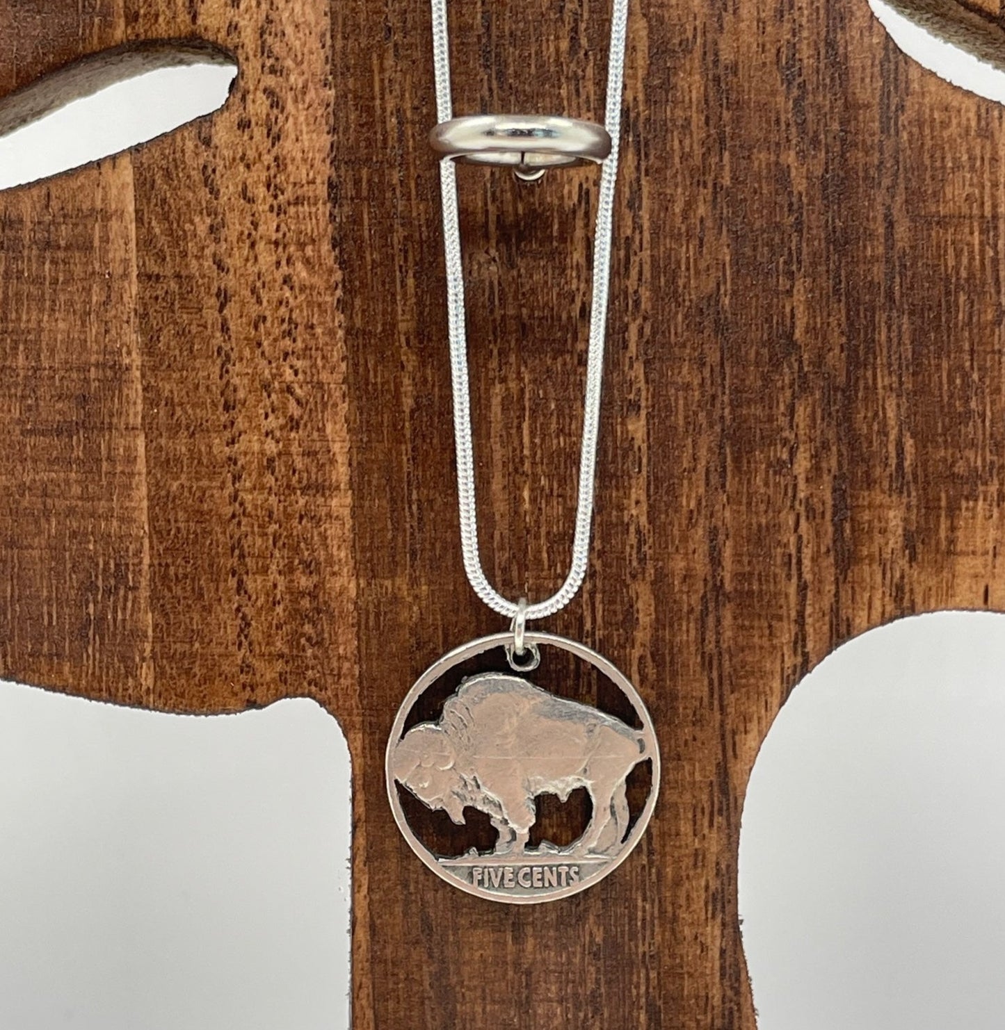 U.S. Buffalo Nickel (Reverse) Coin Necklace with a snake chain on a wood tree background.