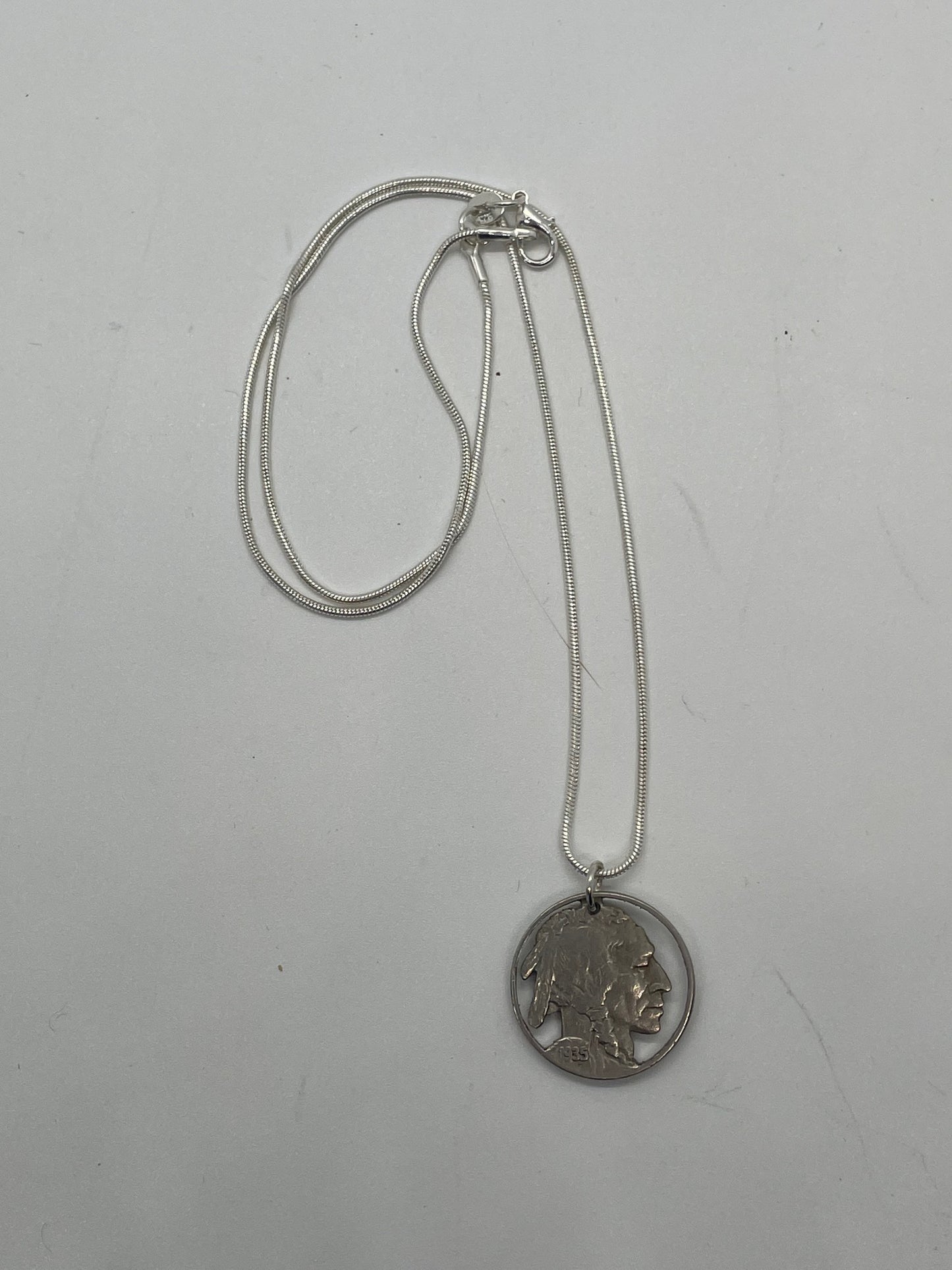 U.S. Buffalo Nickel (Front) Coin Necklace with a snake chain on a white background.