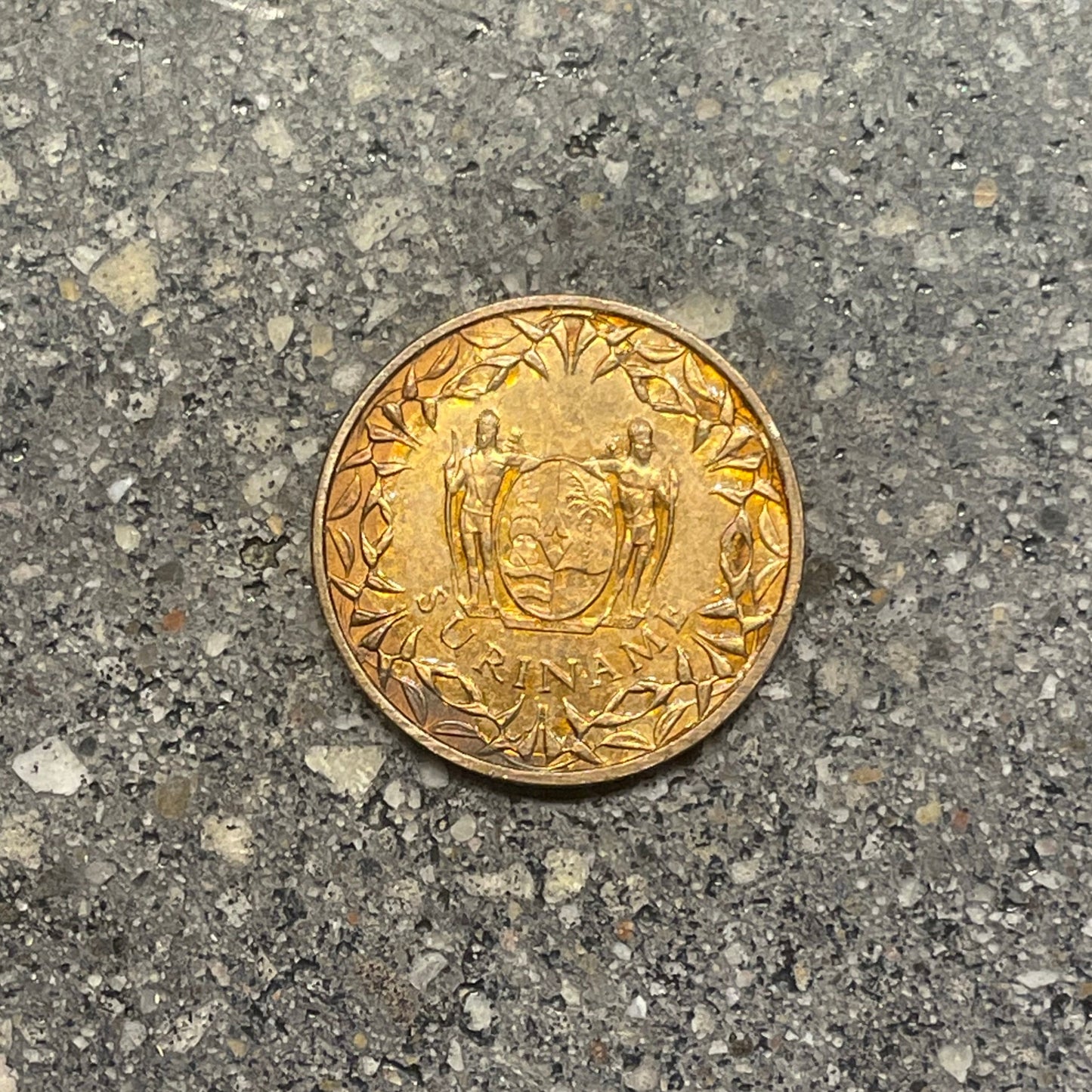 Suriname 1 Cent Coin front on a concrete background.