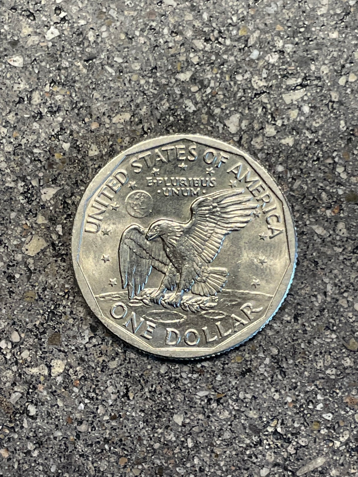 Susan B. Anthony Dollar Coin back on a concrete background.