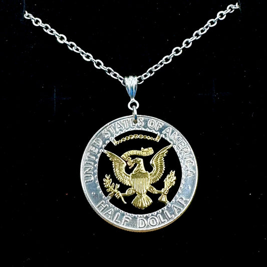 U.S. JFK Half Dollar Hand Cut Silver Coin Necklace Eagle