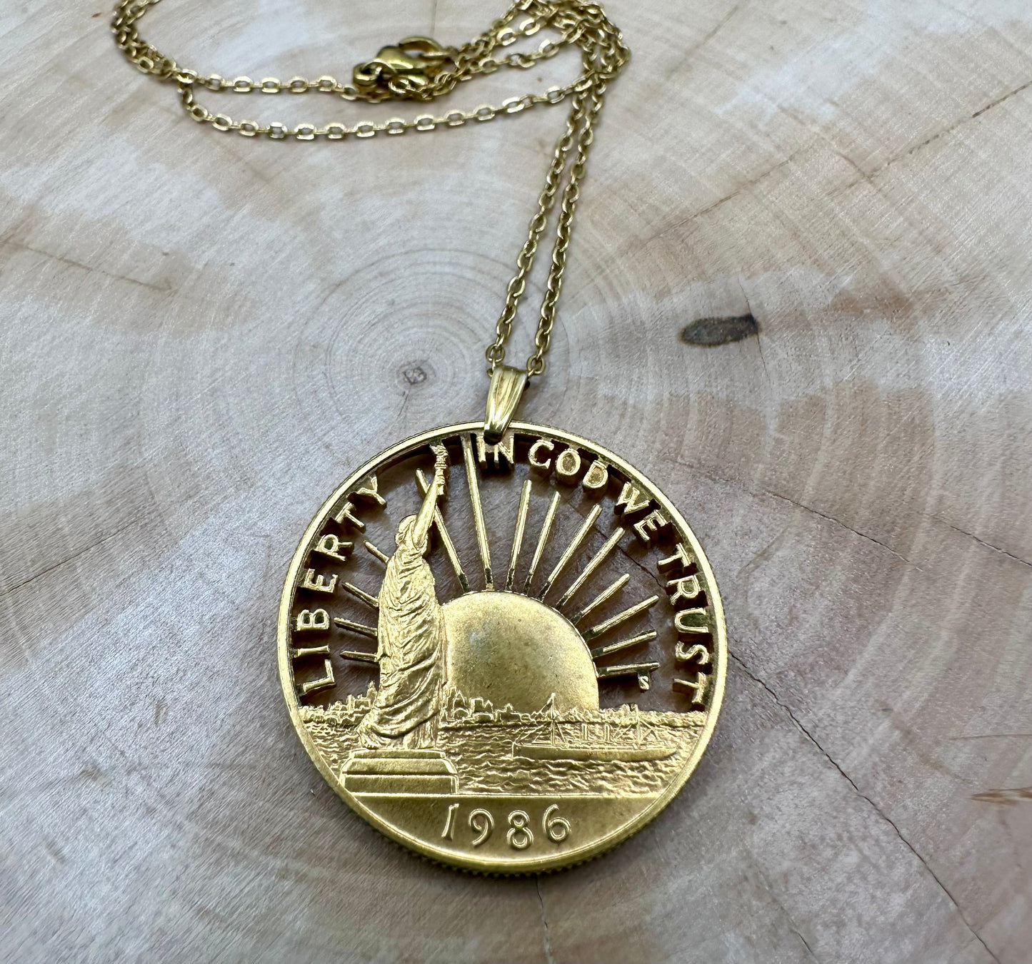 24k Plate U.S. Nation of Immigrants Half Dollar Hand Cut Coin Necklace