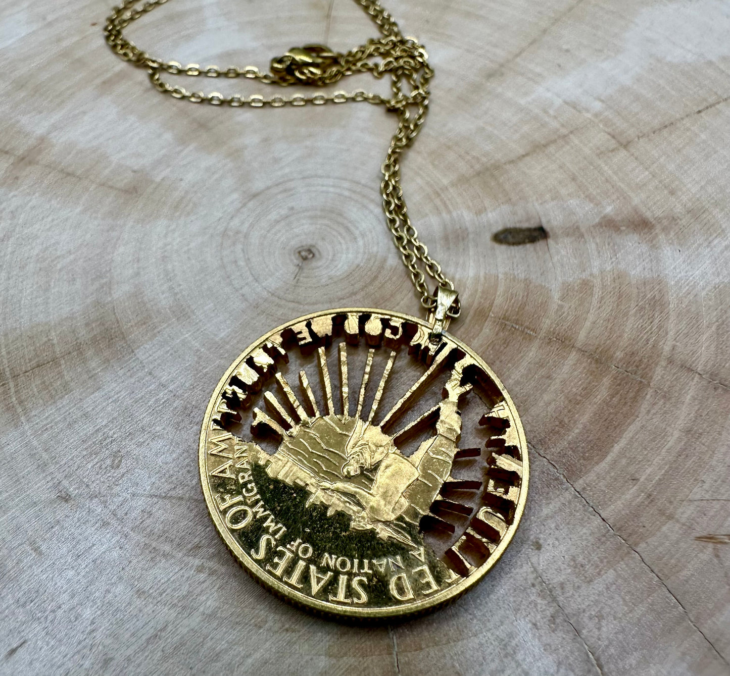 24k Plate U.S. Nation of Immigrants Half Dollar Hand Cut Coin Necklace