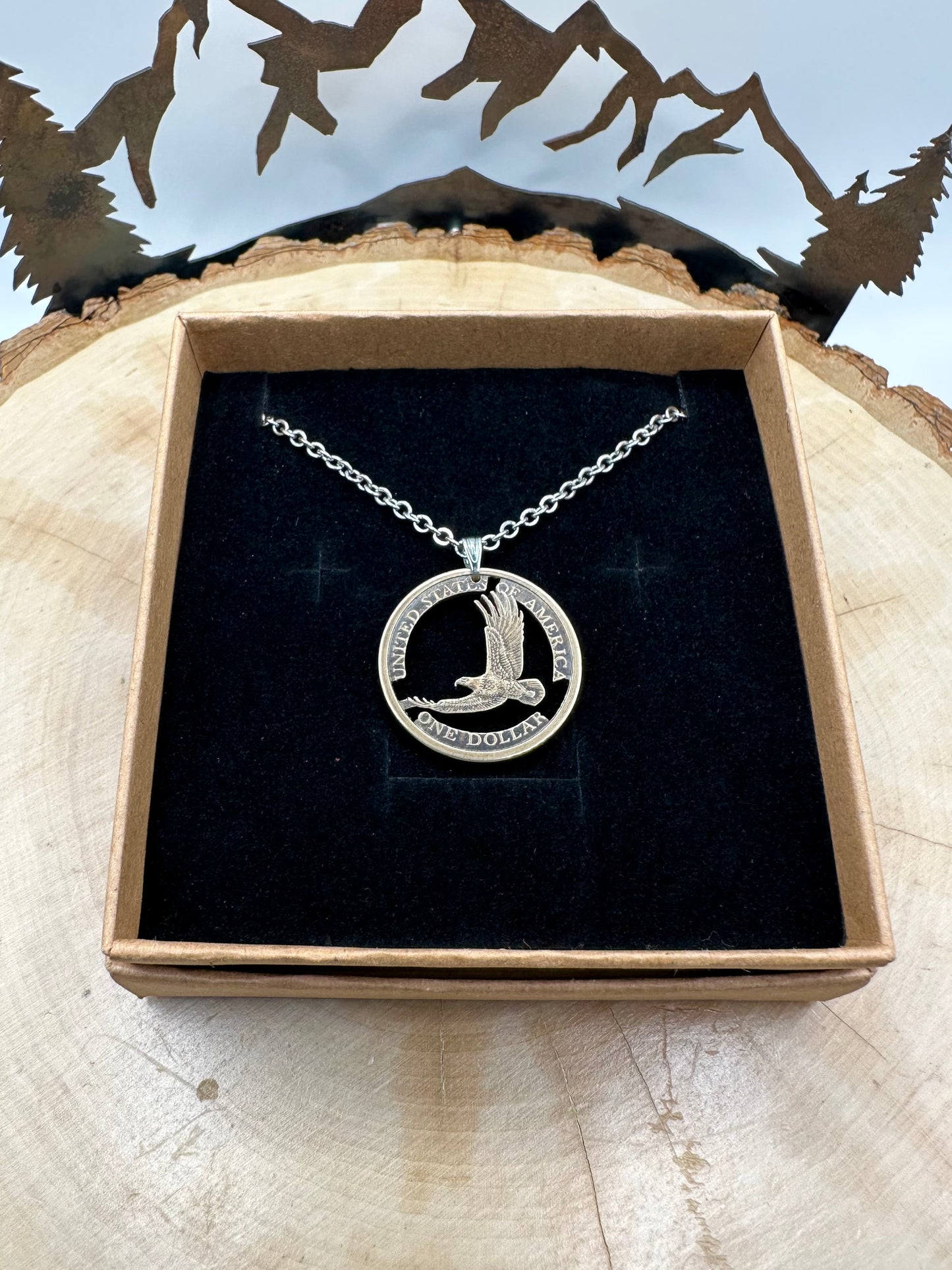 U.S. Flying Eagle Sacagawea One Dollar Hand Cut Coin Necklace