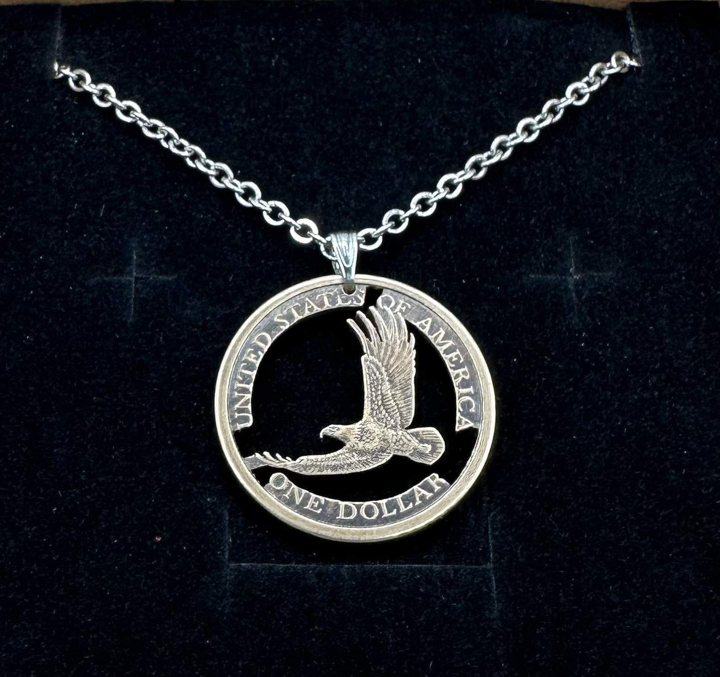 U.S. Flying Eagle Sacagawea One Dollar Hand Cut Coin Necklace