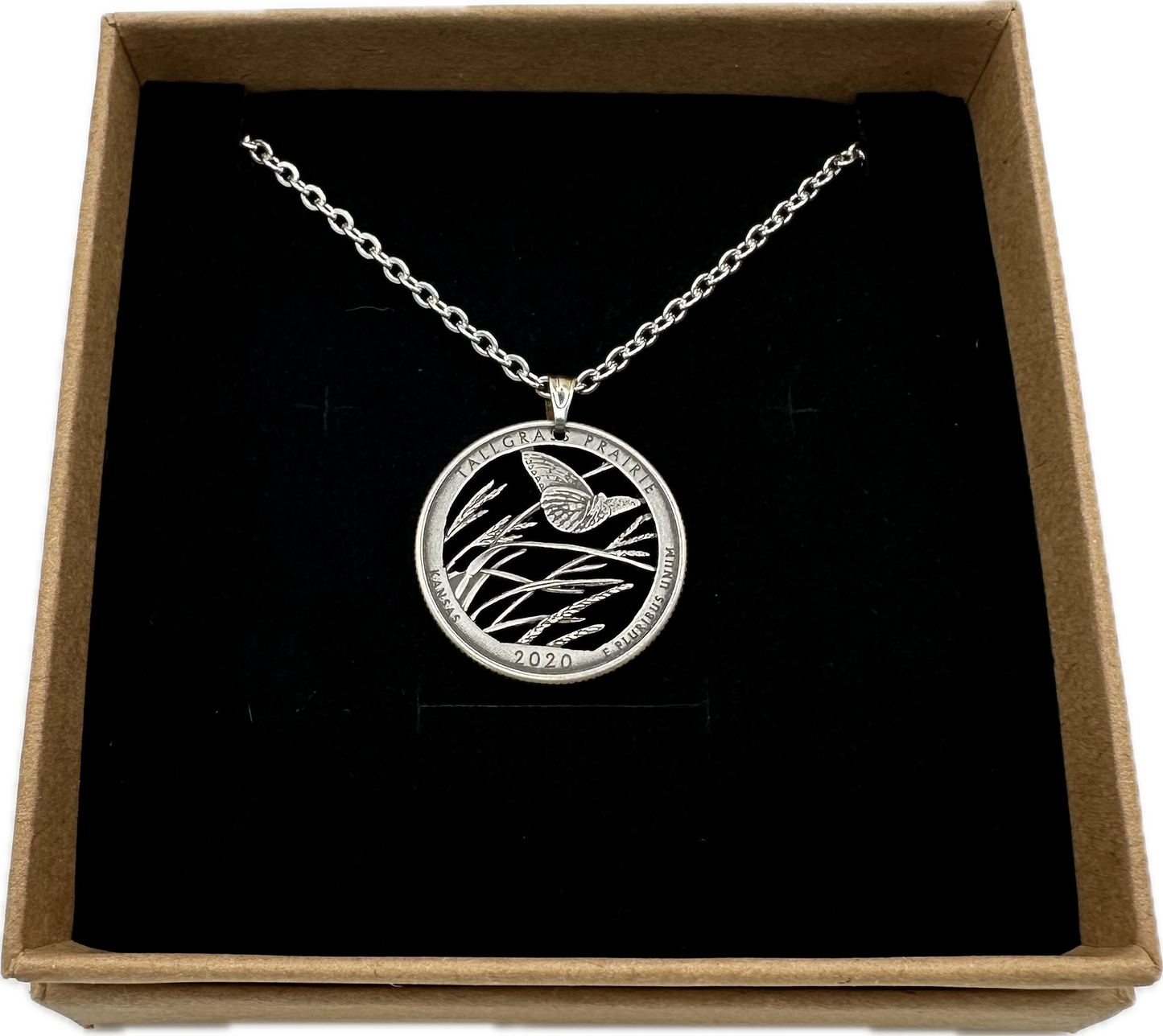 Butterfly Tallgrass Prairie Cut Quarter Coin Necklace Jewelry