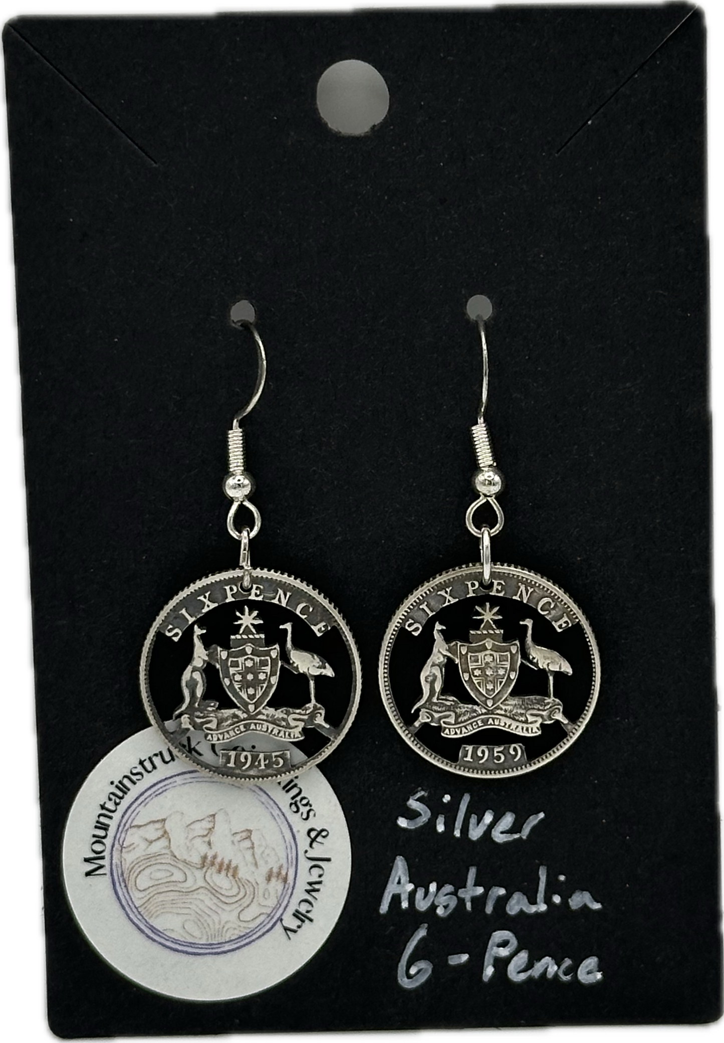 Australia Emu and Kangaroo Cut Silver 6 Pence Coin Earrings