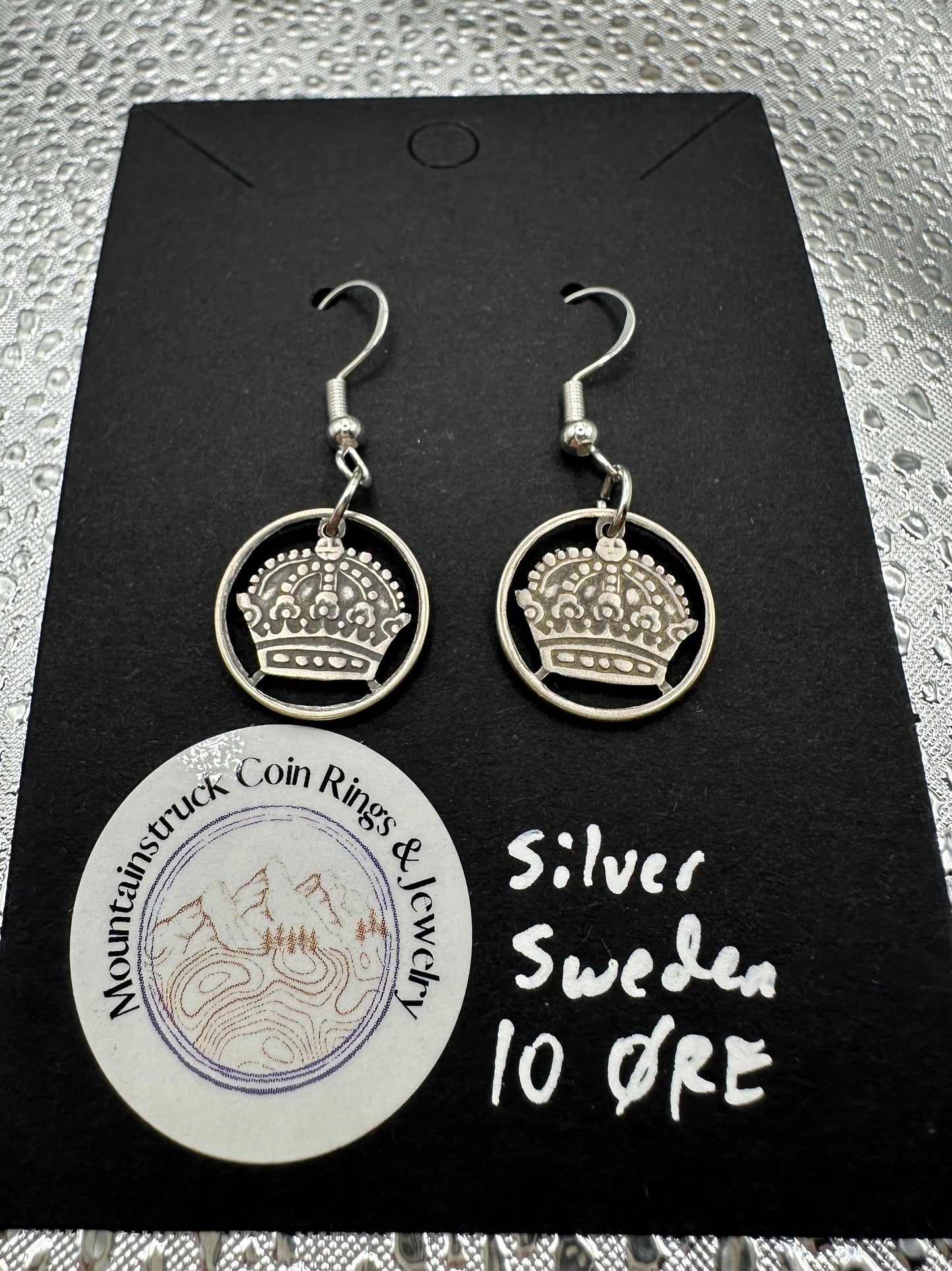 Crown Sweden Silver 10 Ore Cut Coin Earrings