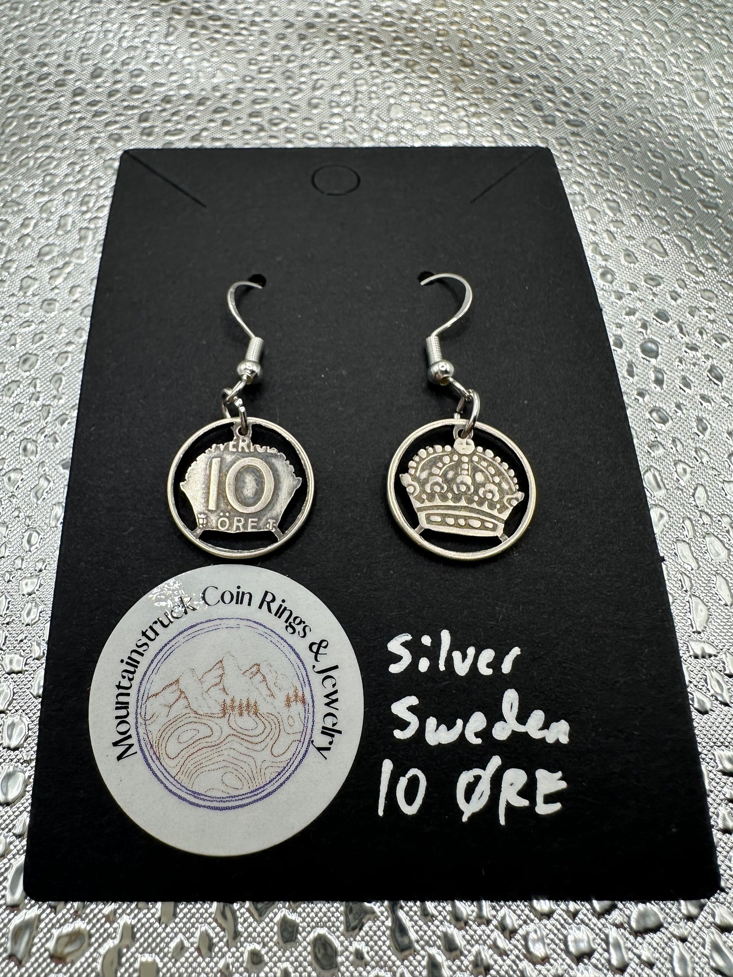 Crown Sweden Silver 10 Ore Cut Coin Earrings