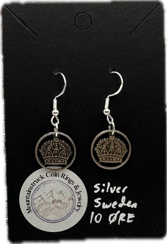 Crown Sweden Silver 10 Ore Cut Coin Earrings