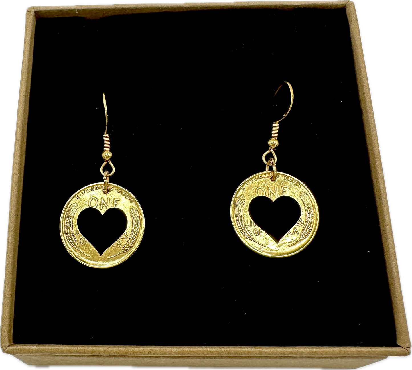 Heart Wheat Penny Hand Cut Coin Earrings Copper or Gold