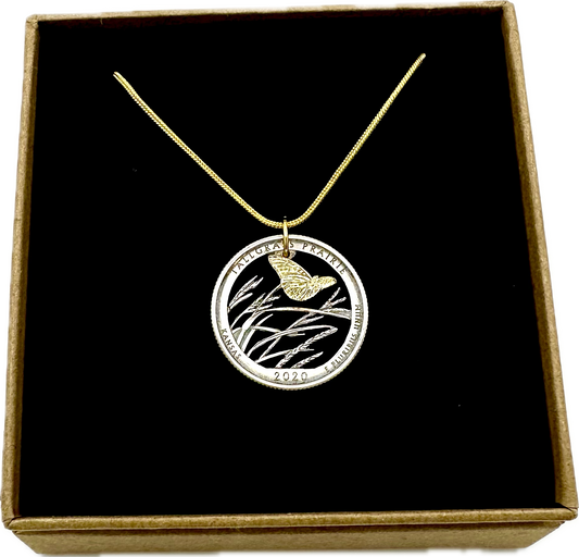 Butterfly Tallgrass Quarter Prairie Hand Cut Coin Necklace