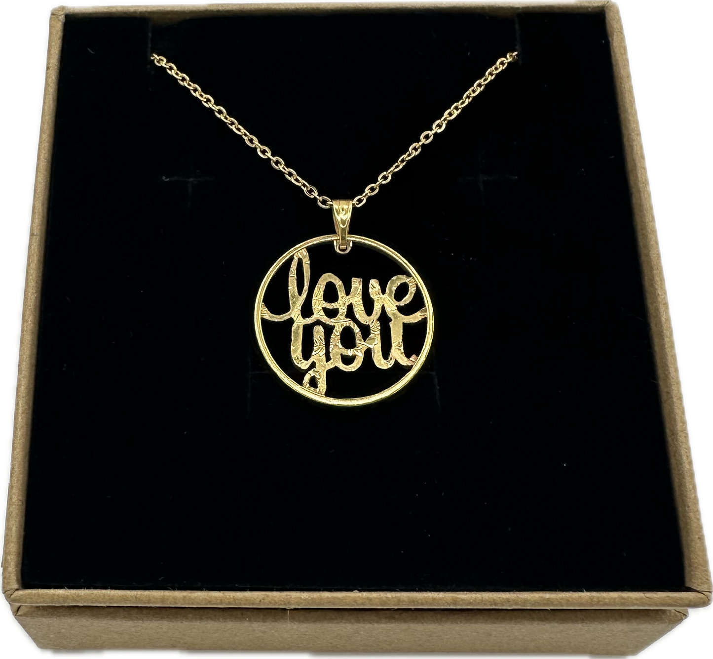 Token of My Love Series: “Love You” Hand Cut Gold Token Necklace