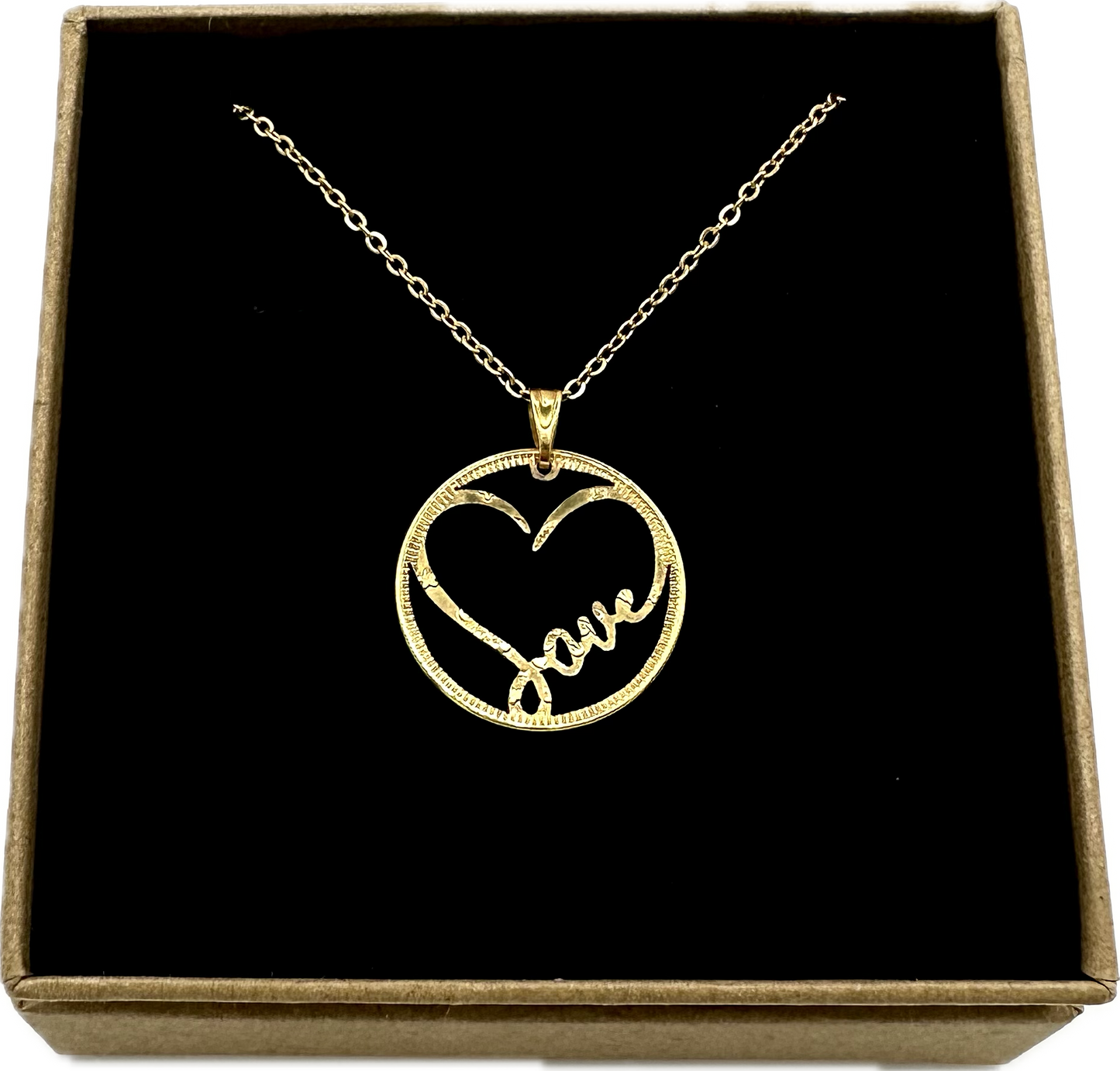 Token of My Love: Love Heart Hand Cut Gold Token Necklace