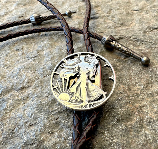US Silver Walking Liberty Half Dollar Hand Cut Coin Bolo Tie - Mountainstruck Coin Jewelry