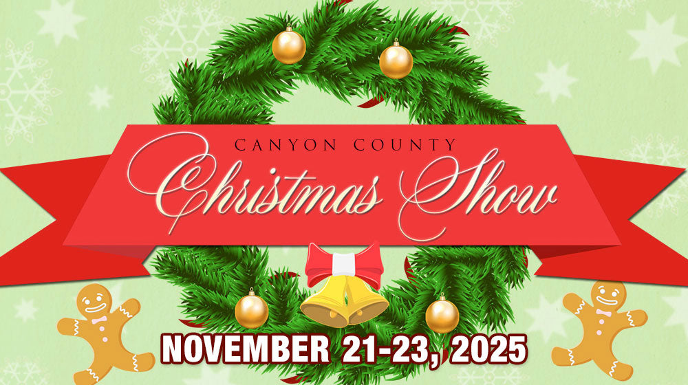 Advertisement for Canyon County Christmas Show with festive elements on a green background. - Mountainstruck Coin Jewelry