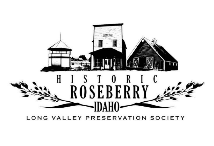 Logo of Historic Roseberry Idaho with a black and white illustration of a barn and silo. - Mountainstruck Coin Jewelry