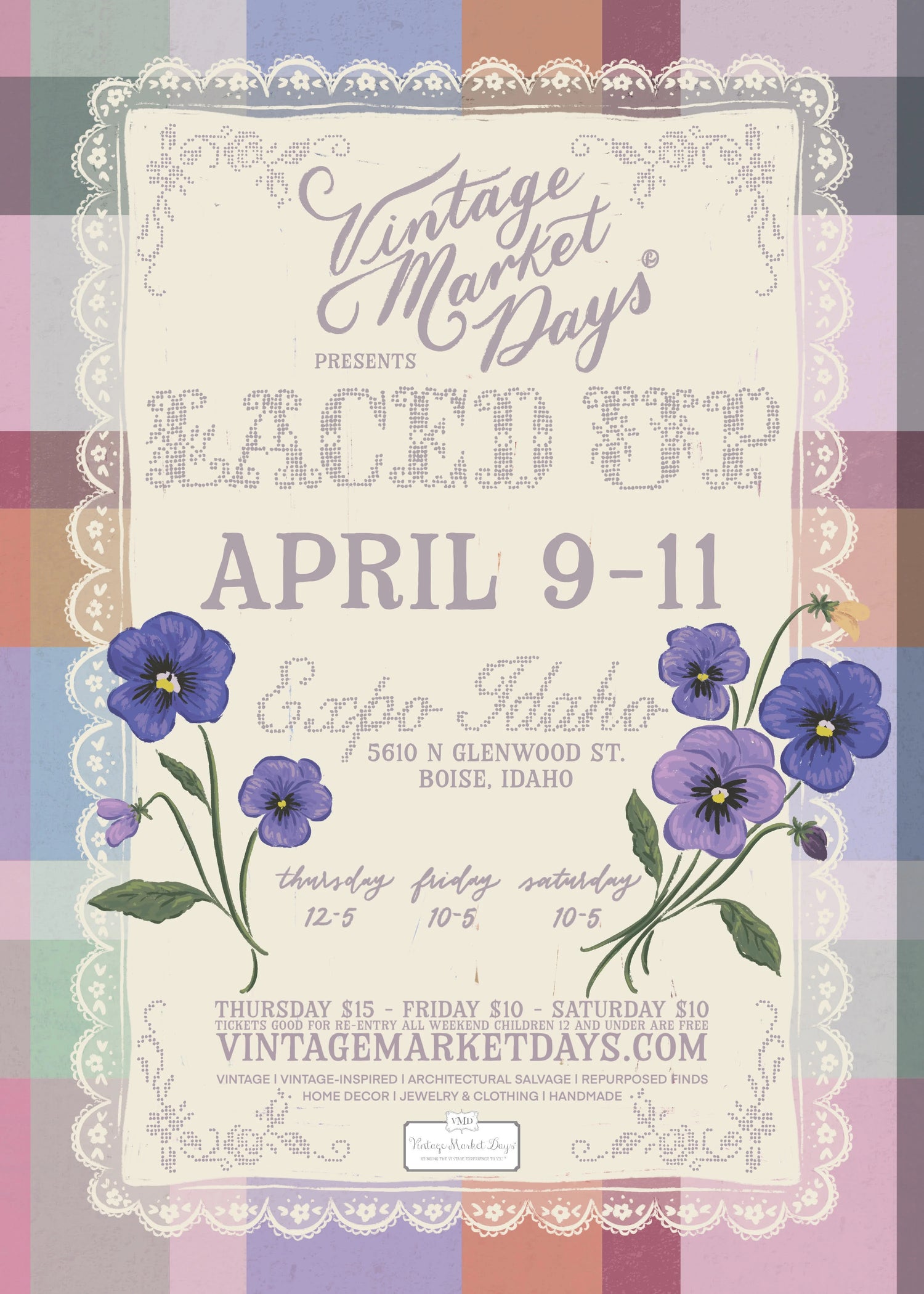 Vintage Market Days flyer with floral design and event details on a striped background. - Mountainstruck Coin Jewelry