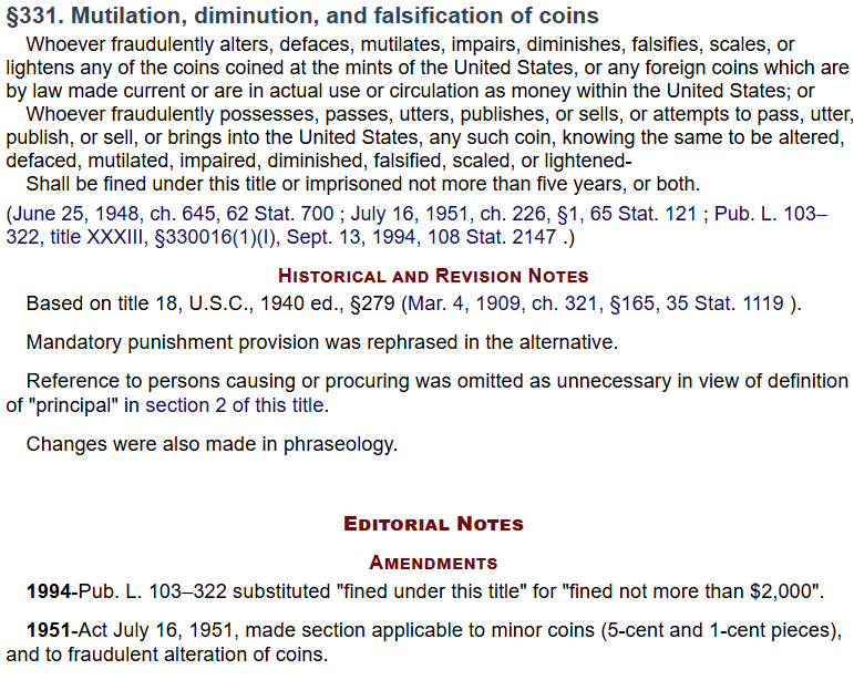 Title 331. Legal text on coin mutilation, diminution, and falsification with historical and revision notes.
-Mountainstruck Coin Jewelry