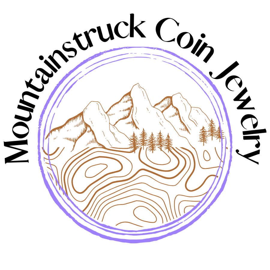 Mountainstruck Coin Jewelry wrapped around a bright purple circular border with orange-tan mountain outline inside and topo map below the mountains. - Mountainstruck Coin Jewelry 